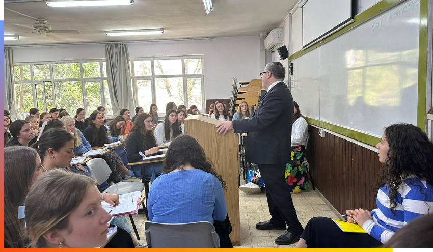 Rabbi Steven Burg addressing students at Michlalah Jerusalem College.