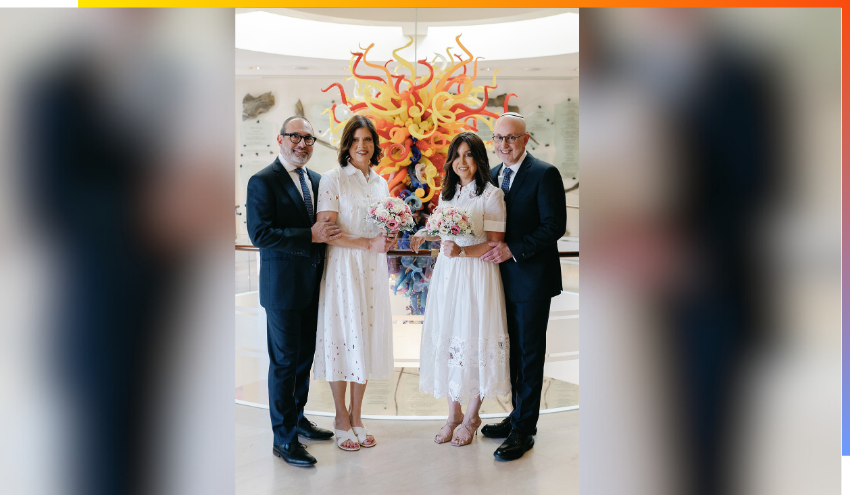 Lauren and David Moss, and Michelle and Marc Mandelman renew their wedding vows at the Aish world center