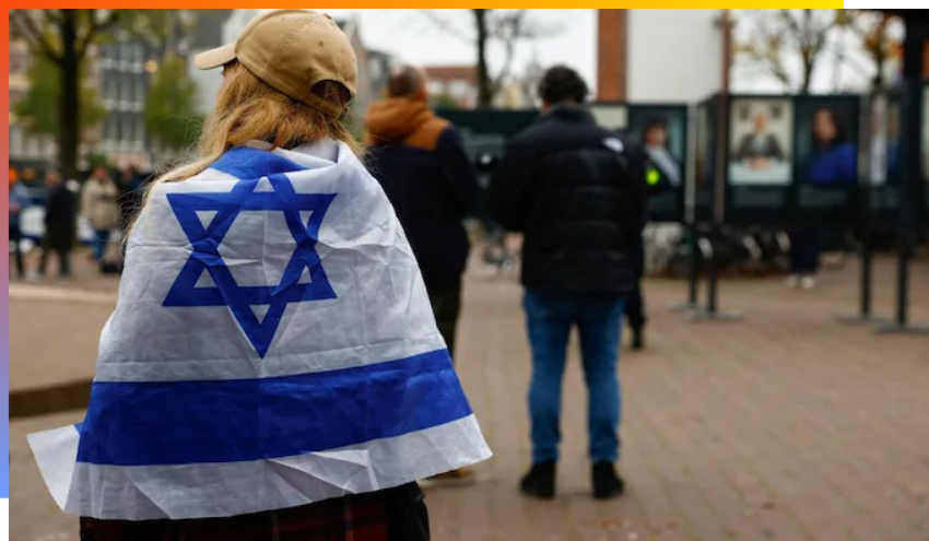 woman wrapped in Israeli flag