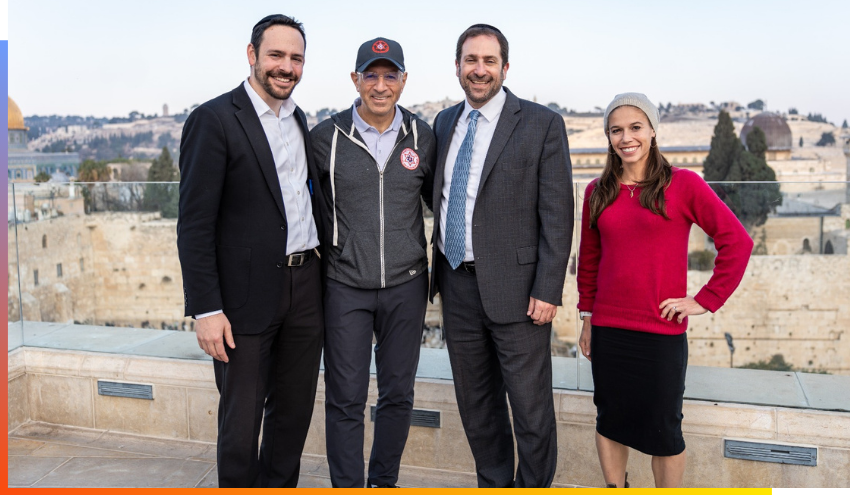 Rabbi Eitiel Goldwicht, CEO Yaakov Gade, Rabbi Elliot Matthias, and Beatie Deutsch together during the visit.