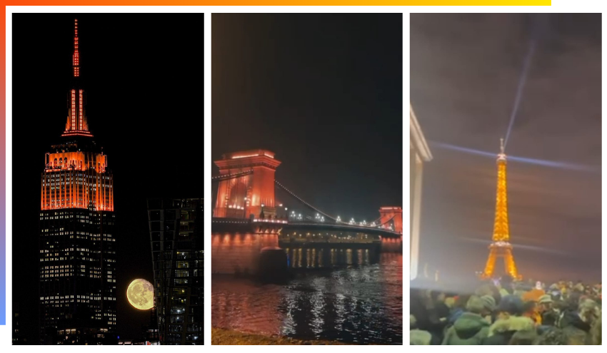 Buildings lit orange in Paris, Budapest and New York for the Bibas family