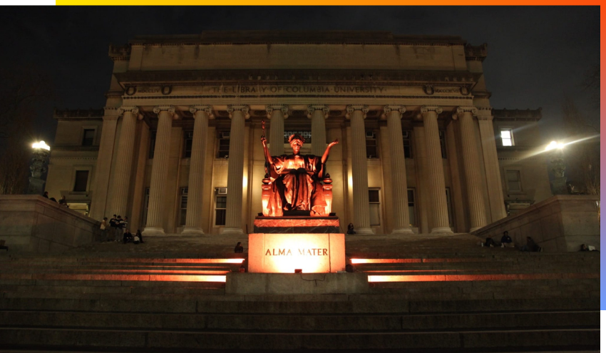 Alma Mater statue at Columbia University lit up orange for the Bibas family