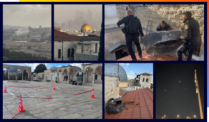Images of missiles and shrapnel flying over and hitting the Old City in Jerusalem, some on the Temple Mount, others just a few dozen yards away from Aish.