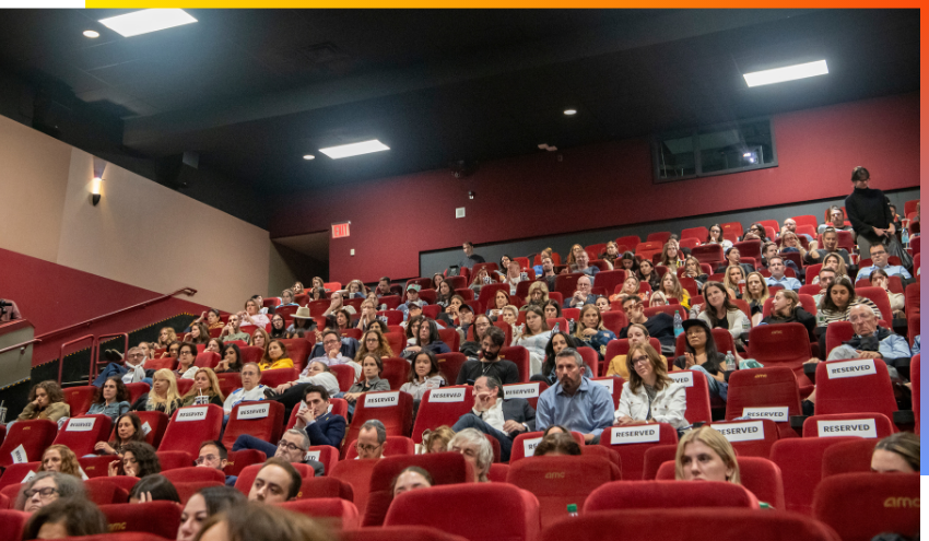 Aish Ha’am supporters gather in a movie theater at the screening of Aish’s After October documentary in NYC.