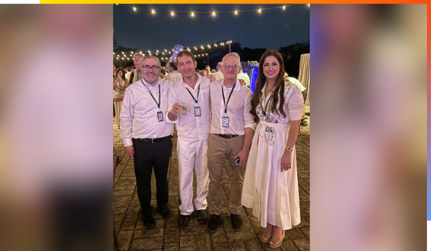Rabbi Burg with Boaz Gilad, Daniel Mintz, and Chagit Leviev in Panama at the YPO Mosaic Wisdom Weekend.