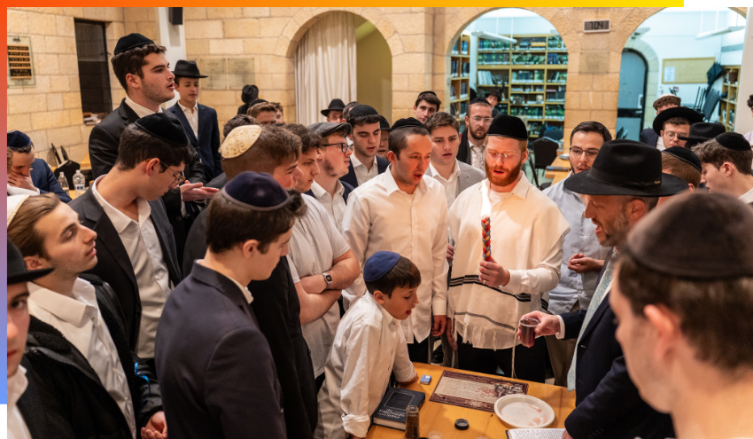 Students and rebbeim gather in the Beit Midrash on Motzei Shabbos after the final Shabbos of the winter zman.