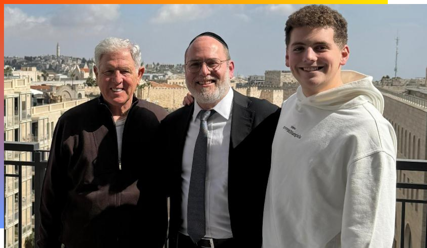 Jay Schottenstein (left) stands with Director, Aish Educational Institute Rabbi Dovid Rosman (center) and his grandson, Jacob Schottenstein, in Jerusalem.