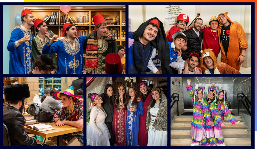 Aish students and staff celebrating Purim