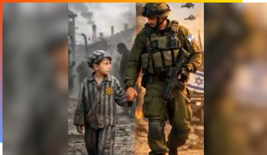 AI-generated image of a boy during the Holocaust and a modern-day Israeli soldier.