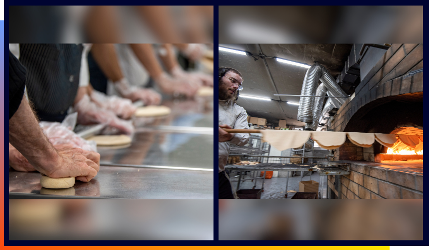 Aish students and staff preparing Matzahs at a factory in Jerusalem.