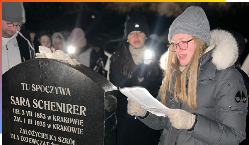 efg@aish students praying at the grave of Sara Schenirer, the pioneer of Jewish education for young women, during their recent trip to Poland.