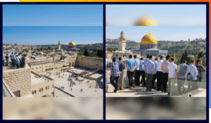Aish students observing 2 minutes of silence from the Dan Family Aish World Center rooftop on Yom Hashoah.