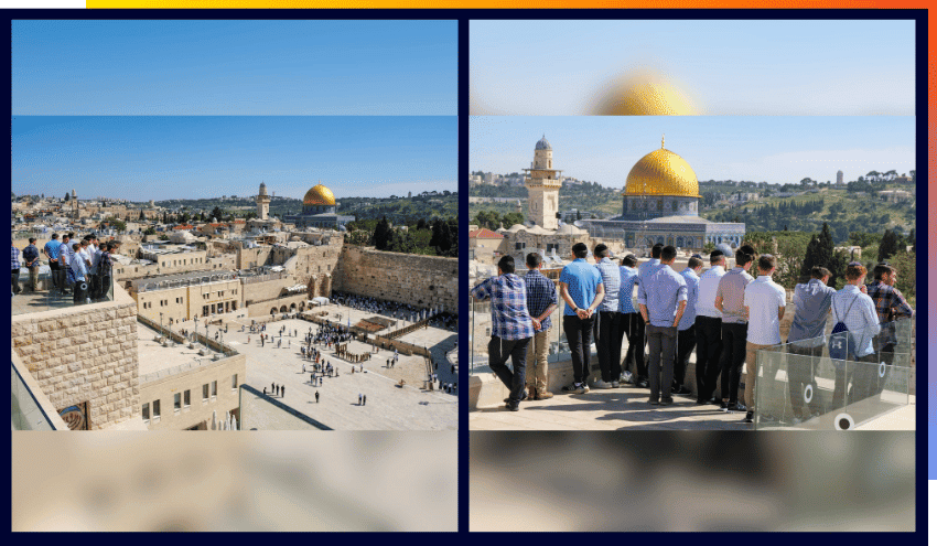 Aish students observing 2 minutes of silence from the Dan Family Aish World Center rooftop on Yom Hashoah.