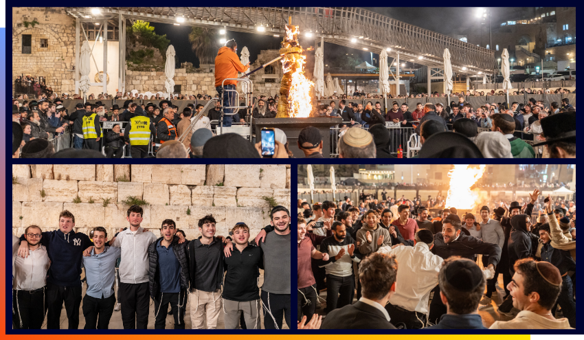 Aish students celebrating Lag Ba’Omer at the Kotel.