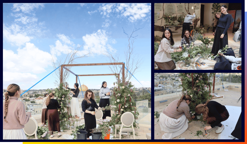 efg@aish and Aish Aspire students together with their coordinator, Tova Lobelle, decorating the chuppah and bridal chair with flowers.