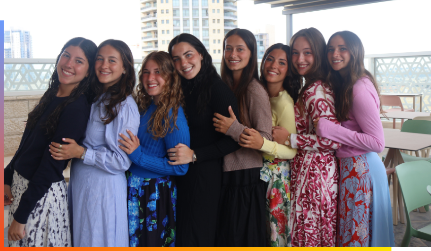 Students pose for a group photo on the rooftop of the Suzana and Ivan Kaufman Aish Institute for Women’s Education.