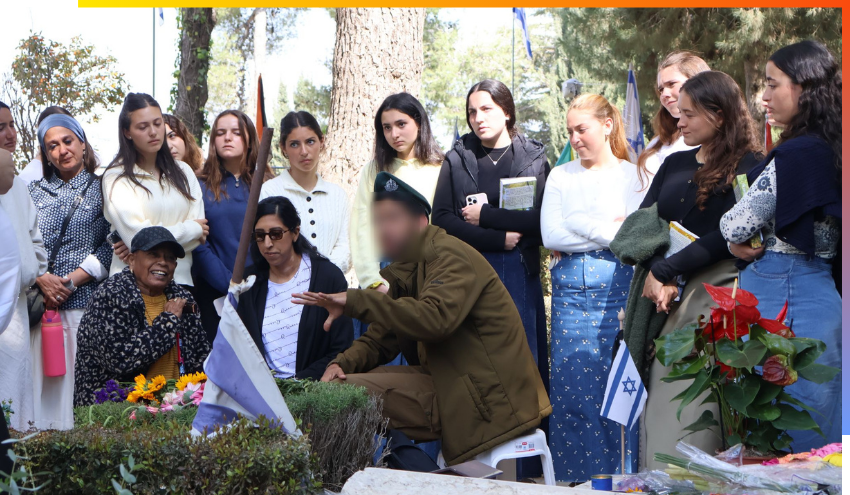 efg@Aish students hear stories and gain strength from an Israeli soldier and his family about their fallen loved one on Yom Hazikaron at Mt. Herzl cemetery.