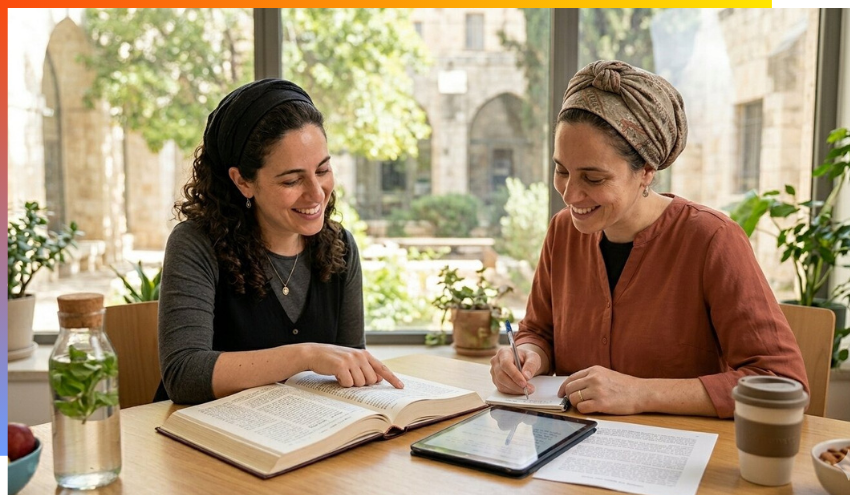 Two women studying together.