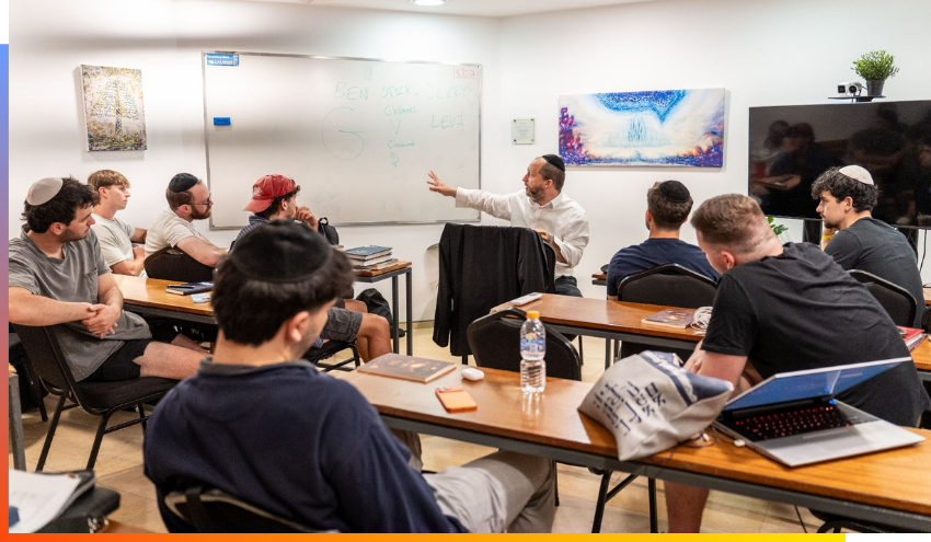 Rav Gav Friedman teaching a class of students from Texas at the Dan Family Aish World Center.