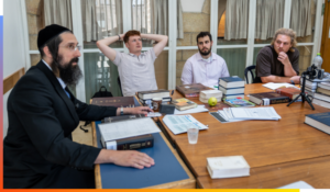 Rabbi Moshe Chaim Eade, teaching a group from the Aish Summer Leadership program this week.