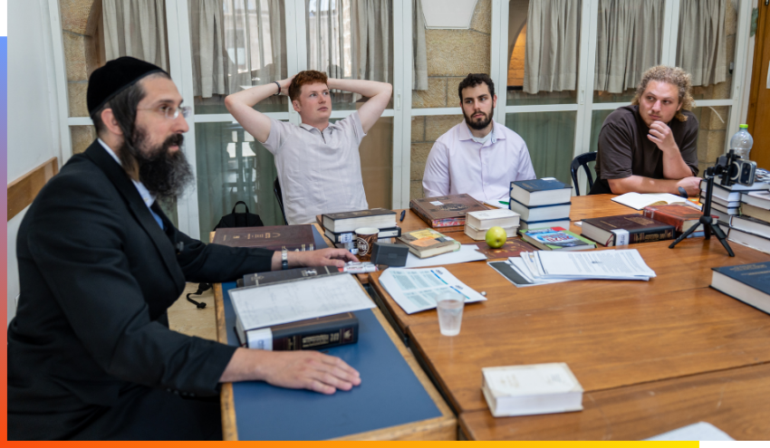 Rabbi Moshe Chaim Eade, teaching a group from the Aish Summer Leadership program this week.