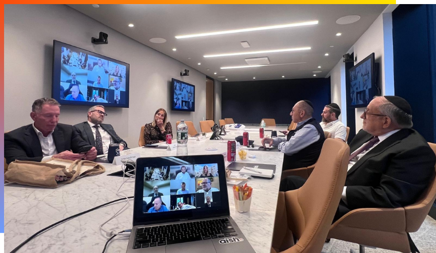 Photo of the discussion in New York, with staff from Israel attending via Zoom.