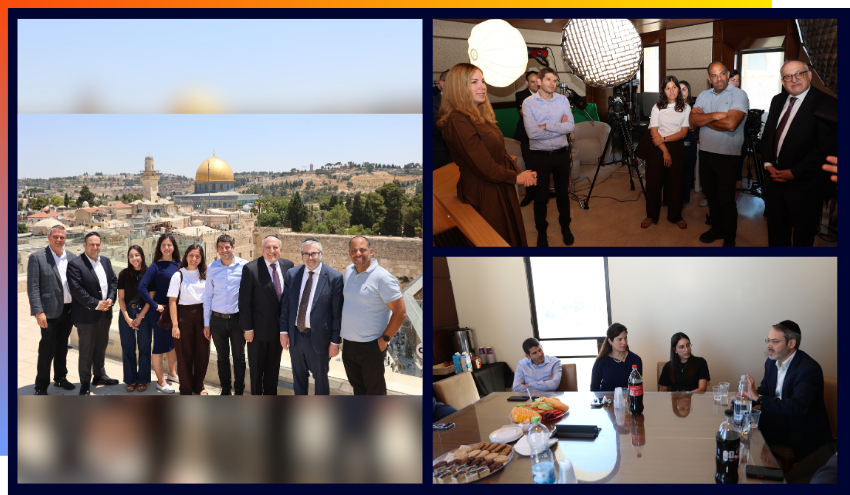 Rabbis Burg, May, Rowe, and Jamie Geller give the staff from the Ministry of Diaspora Affairs and Combating Antisemitism a tour of the Dan Family Aish World Center.