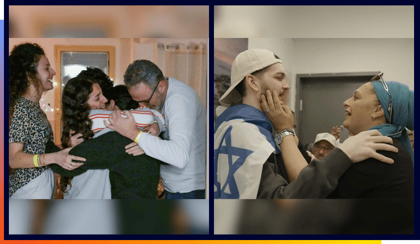 Released hostage Romi Gonen embraces loved ones at Sheba Medical Center in Ramat Gan, Israel, Jan. 19, 2025, and Bar Kupershtein reunited with his mother Julie after being released from captivity in October 2025