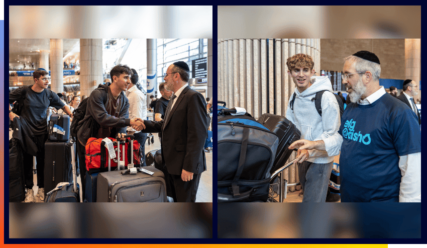 Aish Yeshiva Director Rabbi Dovid Rosman and Director of Aish Admissions Rabbi Ephy Greene greet students at Ben Gurion Airport