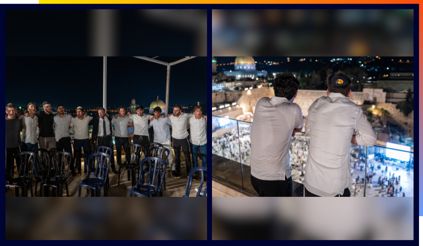 Aish staff and students on the roof of the Dan and Hytman Family Aish World Center during Selichot