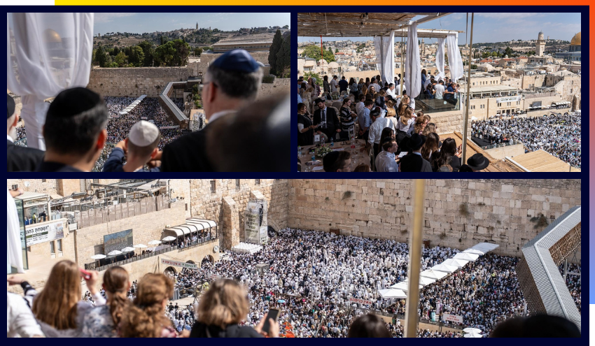 People at the Dan and Hytman Family Aish World Center rooftop overlooking the thousands of Jews who came to participate in Birkat Kohanim on Chol Hamoed this week