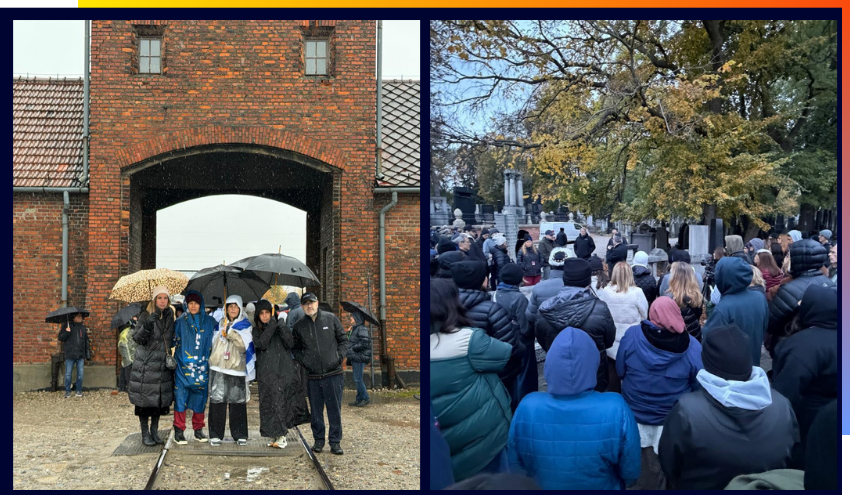 Participants under umbrellas with an Israeli flag at the Birkenau gate