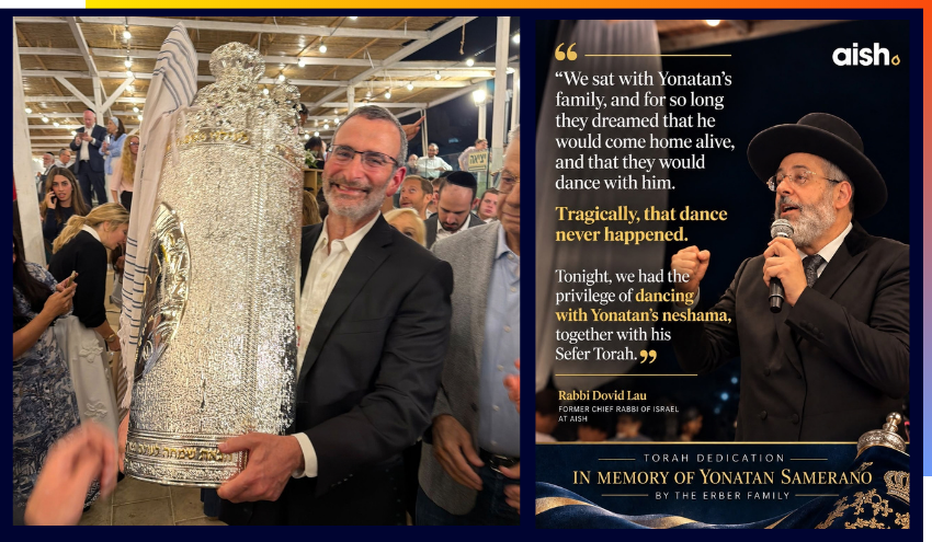 Aish Chairman Dr. Stuart Hytman celebrating the Torah dedication