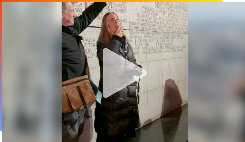 Jamie Geller at the Umschlagplatz Memorial in Warsaw
